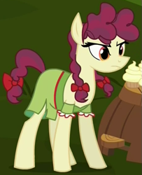 Size: 459x565 | Tagged: safe, screencap, character:hilly hooffield, species:earth pony, species:pony, episode:the hooffields and mccolts, g4, my little pony: friendship is magic, background pony, bow, clothing, cropped, female, hair bow, hooffield family, mare, pigtails, solo, tail bow