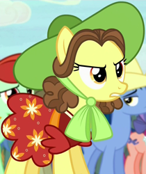 Size: 904x1075 | Tagged: safe, screencap, character:may fair, species:earth pony, species:pony, episode:appleoosa's most wanted, g4, my little pony: friendship is magic, background pony, clothing, cropped, dress, female, hat, mare, solo focus
