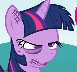 Size: 320x300 | Tagged: safe, screencap, character:twilight sparkle, species:pony, episode:feeling pinkie keen, g4, my little pony: friendship is magic, faec, injured, solo, twilybuse