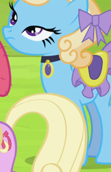 Size: 414x638 | Tagged: safe, screencap, character:luckette, species:pony, species:unicorn, episode:trade ya, g4, my little pony: friendship is magic, background pony, female, jewelry, mare, necklace, ribbon, saddle, solo focus, tack, unnamed pony