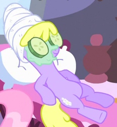 Size: 291x314 | Tagged: safe, screencap, species:pony, episode:filli vanilli, g4, my little pony: friendship is magic, background pony, lying down, mud mask, ponyville spa, reclining, relaxing, spa