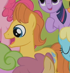 Size: 253x263 | Tagged: safe, screencap, character:applejack, character:daisy, character:dizzy twister, character:orange swirl, character:pinkie pie, character:sassaflash, character:twilight sparkle, species:pony, episode:the mysterious mare do well, g4, my little pony: friendship is magic, animation error, background pony, solo focus, warm front, wingless