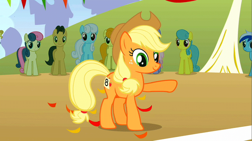 Size: 853x480 | Tagged: safe, screencap, character:applejack, character:bon bon, character:carrot top, character:cherry cola, character:golden harvest, character:lemon hearts, character:minuette, character:pokey pierce, character:ponet, character:rainbowshine, character:shoeshine, character:sweetie drops, species:earth pony, species:pony, episode:fall weather friends, g4, my little pony: friendship is magic, animated, female, mare, solo focus