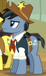 Size: 330x540 | Tagged: safe, screencap, species:earth pony, species:pony, episode:appleoosa's most wanted, g4, my little pony: friendship is magic, appleloosa resident, background pony, clothing, cowboy hat, cropped, hat, jacket, junior deputy, male, sheriff's badge, solo focus, stallion, star spur