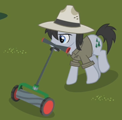 Size: 331x325 | Tagged: safe, screencap, species:pony, episode:the mysterious mare do well, g4, my little pony: friendship is magic, gardener, lawn mower, pine breeze, solo