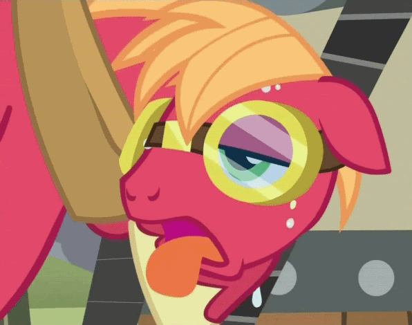 Size: 596x470 | Tagged: safe, screencap, character:big mcintosh, species:earth pony, species:pony, episode:the super speedy cider squeezy 6000, g4, my little pony: friendship is magic, animated, cropped, floppy ears, goggles, loop, male, panting, solo, stallion, sweat, tired, tongue out, walking