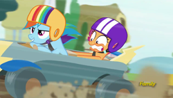 Size: 1280x720 | Tagged: safe, screencap, character:rainbow dash, character:scootaloo, species:pegasus, species:pony, episode:the cart before the ponies, g4, my little pony: friendship is magic, cart, driving, duo, helmet, open mouth, racing, seatbelt, steering wheel