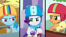 Size: 1280x720 | Tagged: safe, screencap, character:applejack, character:rainbow dash, character:rarity, species:pony, episode:the cart before the ponies, g4, my little pony: friendship is magic, driving, helmet, racing, steering wheel