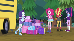 Size: 1280x720 | Tagged: safe, screencap, character:pinkie pie, character:rarity, character:sunset shimmer, character:twilight sparkle, character:twilight sparkle (scitwi), species:eqg human, equestria girls:legend of everfree, g4, my little pony:equestria girls, bus, clothing, converse, luggage, ponytail, shoes, sneakers