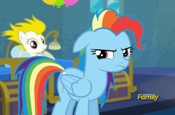 Size: 572x375 | Tagged: safe, screencap, character:rainbow dash, character:surprise, species:pony, episode:newbie dash, g4, my little pony: friendship is magic, animated, balloon, dynamic dash, floppy ears, forthright filly, solo focus