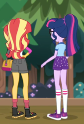 Size: 340x503 | Tagged: safe, screencap, character:sunset shimmer, character:twilight sparkle, character:twilight sparkle (scitwi), species:eqg human, equestria girls:legend of everfree, g4, my little pony:equestria girls, ass, clothing, converse, cropped, legs, ponytail, rear view, shoes, sneakers