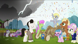 Size: 1920x1080 | Tagged: safe, screencap, character:derpy hooves, character:meadow song, character:merry may, character:rarity, species:pegasus, species:pony, species:unicorn, episode:the cart before the ponies, g4, my little pony: friendship is magic, background pony, blue lily, confetti, discovery family logo, female, filly, filly derpy, filly rarity, jealous, male, mare, medallion gold, rain, raincloud, rosetta, stallion, younger
