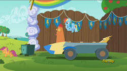 Size: 1920x1080 | Tagged: safe, screencap, character:rainbow dash, character:scootaloo, species:chicken, species:pegasus, species:pony, episode:the cart before the ponies, g4, my little pony: friendship is magic, cutie mark, discovery family logo, scootachicken, the cmc's cutie marks