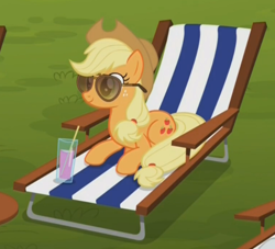 Size: 624x567 | Tagged: safe, screencap, character:applejack, species:pony, episode:the cart before the ponies, g4, my little pony: friendship is magic, cup, juice, prone, solo, sunglasses