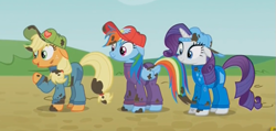Size: 601x286 | Tagged: safe, screencap, character:applejack, character:rainbow dash, character:rarity, species:pony, episode:the cart before the ponies, g4, my little pony: friendship is magic, clothing, cute, dirty, floppy ears, hat, mechanic coveralls, open mouth, smiling
