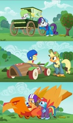 Size: 1280x2160 | Tagged: safe, screencap, character:apple bloom, character:applejack, character:rainbow dash, character:rarity, character:scootaloo, character:sweetie belle, species:pegasus, species:pony, episode:the cart before the ponies, g4, my little pony: friendship is magic, applelove, cart, cutie mark crusaders, mechanic coveralls, scootalove, sisters, sweetielove