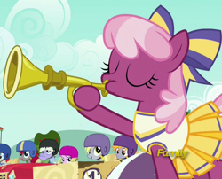 Size: 1265x1024 | Tagged: safe, screencap, character:cheerilee, character:crackle pop, character:derpy hooves, character:diamond tiara, species:pegasus, species:pony, episode:the cart before the ponies, g4, my little pony: friendship is magic, bugle, bugle mistaken for a trumpet, cart, cheerileeder, cheerleader, female, mare, musical instrument, randolph, trumpet