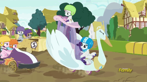 Size: 500x281 | Tagged: safe, screencap, character:crackle pop, character:derpy hooves, character:rarity, character:sugar stix, character:sweetie belle, character:tender brush, species:pegasus, species:pony, episode:the cart before the ponies, g4, my little pony: friendship is magic, angry, animated, blocking, cart, cheating, discovery family logo, female, helmet, mare, raribitch, swanlestia cart