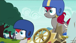 Size: 1920x1088 | Tagged: safe, screencap, character:train tracks, species:pony, episode:the cart before the ponies, g4, my little pony: friendship is magic, crimson skate, helmet, wide eyes