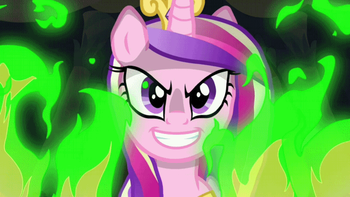 Size: 720x405 | Tagged: safe, screencap, character:princess cadance, character:queen chrysalis, species:alicorn, species:changeling, species:pony, episode:a canterlot wedding, g4, my little pony: friendship is magic, animated, cel shading, disguise, disguised changeling, evil grin, fake cadance, female, fire, gif, looking at you, loop, mare, shading, solo