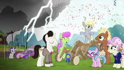 Size: 1920x1080 | Tagged: safe, screencap, character:derpy hooves, character:meadow song, character:merry may, character:rarity, species:earth pony, species:pegasus, species:pony, species:unicorn, episode:the cart before the ponies, g4, my little pony: friendship is magic, background pony, bipedal, blue lily, blue ribbon, clothing, cloud, confetti, cute, eyes closed, female, filly, filly derpy, filly rarity, glasses, grin, happy, lightning, male, mare, medallion gold, open mouth, rain, raincloud, rosetta, sad, smiling, squee, stallion, stormcloud, streamers, unnamed pony, younger