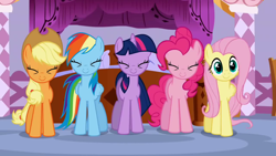 Size: 1280x720 | Tagged: safe, screencap, character:applejack, character:fluttershy, character:pinkie pie, character:rainbow dash, character:twilight sparkle, character:twilight sparkle (unicorn), species:earth pony, species:pegasus, species:pony, species:unicorn, episode:suited for success, g4, my little pony: friendship is magic, applejack's hat, clothing, cowboy hat, cute, eyes closed, female, hat, looking at you, mare, shyabetes, smiling
