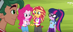 Size: 1250x562 | Tagged: safe, screencap, character:pinkie pie, character:sunset shimmer, character:timber spruce, character:twilight sparkle, character:twilight sparkle (scitwi), species:eqg human, ship:timbertwi, equestria girls:legend of everfree, g4, my little pony:equestria girls, blushing, cute, female, male, ponytail, shipping, straight, twiabetes