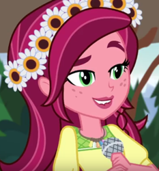 Size: 526x564 | Tagged: safe, screencap, character:gloriosa daisy, equestria girls:legend of everfree, g4, my little pony:equestria girls, cropped, female, flower, flower in hair, freckles, geode of fauna, geode of shielding, geode of sugar bombs, geode of super speed, geode of super strength, lip bite, magical geodes
