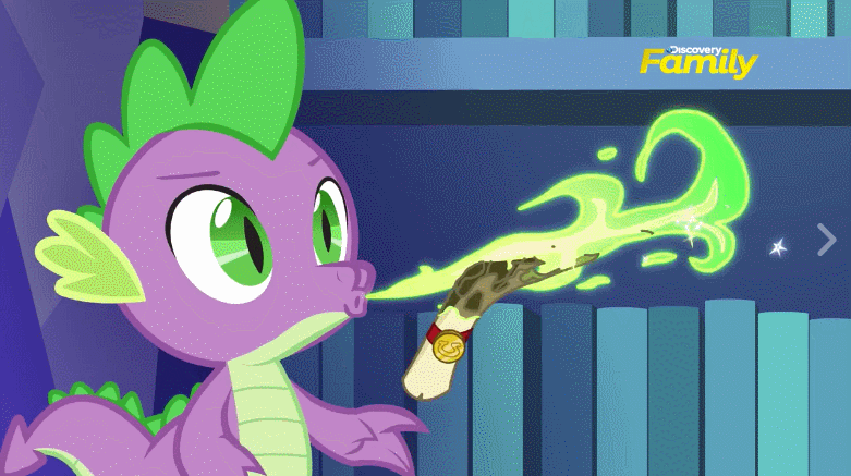 Size: 781x437 | Tagged: safe, screencap, character:spike, species:dragon, episode:28 pranks later, g4, my little pony: friendship is magic, animated, discovery family logo, dragon mail, dragonfire, fire, green fire, male, perfect loop, scroll