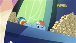 Size: 1334x750 | Tagged: safe, screencap, character:rainbow dash, species:pegasus, species:pony, episode:28 pranks later, g4, my little pony: friendship is magic, ceiling pony, cute, dashabetes, discovery family logo, female, letter, mare, scroll, smiling, solo