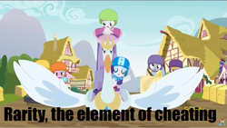 Size: 1279x722 | Tagged: safe, screencap, character:crackle pop, character:derpy hooves, character:rarity, character:sugar stix, character:sweetie belle, character:tender brush, species:pegasus, species:pony, episode:the cart before the ponies, g4, my little pony: friendship is magic, cheating, female, mare, meme, swanlestia, swanlestia cart