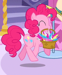 Size: 199x240 | Tagged: safe, screencap, character:pinkie pie, episode:green isn't your color, g4, my little pony: friendship is magic, animated, basket, cropped, eyes closed, feather, mouth hold, solo, trotting