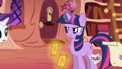 Size: 640x360 | Tagged: safe, screencap, character:rarity, character:twilight sparkle, episode:the ticket master, g4, my little pony: friendship is magic, ei, hub logo