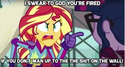 Size: 1280x687 | Tagged: safe, screencap, character:sunset shimmer, character:twilight sparkle, character:twilight sparkle (scitwi), species:eqg human, equestria girls:friendship games, g4, my little pony:equestria girls, angry, arin hanson, egoraptor, game grumps, pointing, poop, sunset yells at twilight, vulgar