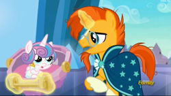 Size: 2519x1423 | Tagged: safe, screencap, character:princess flurry heart, character:sunburst, species:pony, episode:the times they are a changeling, g4, my little pony: friendship is magic, baby bottle, baby carrier, cradle