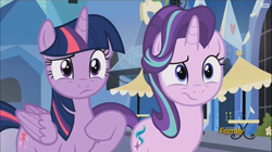 Size: 916x512 | Tagged: safe, screencap, character:starlight glimmer, character:twilight sparkle, character:twilight sparkle (alicorn), species:alicorn, species:pony, episode:the times they are a changeling, g4, my little pony: friendship is magic, :s, confused, counterparts, discovery family logo, looking at each other, wavy mouth
