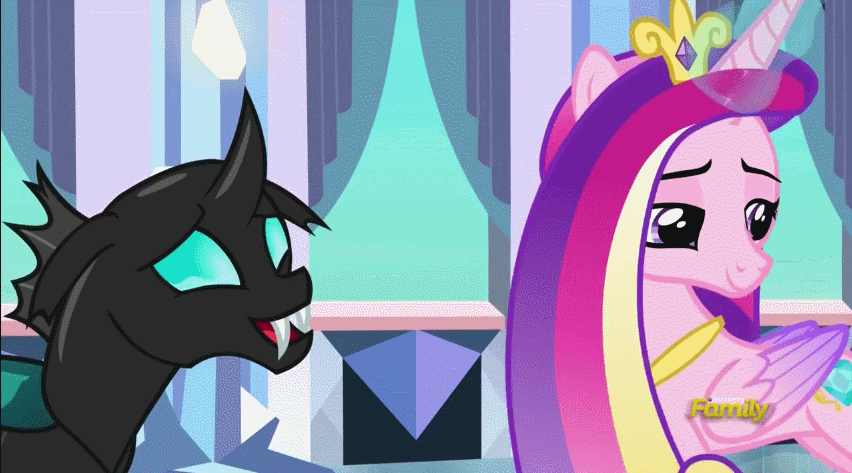 Size: 852x473 | Tagged: safe, screencap, character:princess cadance, character:princess flurry heart, character:thorax, species:changeling, episode:the times they are a changeling, g4, my little pony: friendship is magic, animated, baby alicorn, baby blanket, baby flurry heart, blanket, blanket burrito, cooing, cute, emotional spectrum, presenting, reaching, swaddling, wrapped snugly