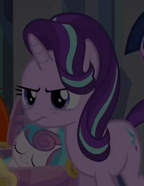 Size: 494x636 | Tagged: safe, screencap, character:princess flurry heart, character:starlight glimmer, character:twilight sparkle, character:twilight sparkle (alicorn), species:alicorn, species:pony, species:unicorn, episode:the times they are a changeling, g4, my little pony: friendship is magic, a changeling can change, animated, baby, baby blanket, baby carrier, baby pony, blinking, cradle, crystal heart, cute, female, glimmerbetes, guilt, magic, mare, realization, sleeping, swaddling, telekinesis