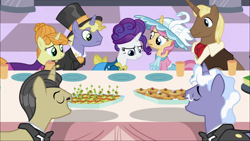Size: 1920x1080 | Tagged: safe, screencap, character:chocolate sun, character:ponet, character:primrose (g4), character:rarity, character:swan song, species:pony, species:unicorn, episode:sweet and elite, g4, my little pony: friendship is magic, clothing, earl grey, female, food, hat, hors d'oeuvre, male, mare, pristine, rarity looking at food, stallion, swan dive, table, top hat, waiter