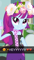 Size: 408x720 | Tagged: safe, artist:mlprocker123, screencap, character:mystery mint, my little pony:equestria girls, clothing, emoji, filter, flower, flower in hair, scarf, skirt, smiling, snapchat, solo