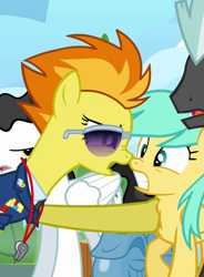 Size: 531x720 | Tagged: safe, screencap, character:spitfire, character:starry eyes, character:sunshower raindrops, character:thunderlane, species:pegasus, species:pony, episode:wonderbolts academy, bag, cropped, female, male, mare, saddle bag, squishy chest, stallion, sunglasses