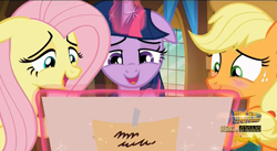 Size: 1302x716 | Tagged: safe, screencap, character:applejack, character:fluttershy, character:twilight sparkle, character:twilight sparkle (alicorn), species:alicorn, species:pony, episode:the one where pinkie pie knows, g4, my little pony: friendship is magic, appleblush, birth certificate, blushing, cooing, female, floppy ears, freckles, hint, lidded eyes, mare, trio