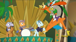 Size: 1920x1080 | Tagged: safe, screencap, character:discord, species:pony, episode:dungeons & discords, band, bipedal, bow tie, cello, clothing, cymbals, drum kit, drums, drumsticks, hat, jazz, levitation, magic, musical instrument, saxophone, stage, telekinesis, tuxedo, zoot suit
