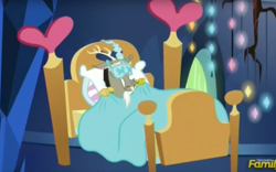 Size: 1452x907 | Tagged: safe, screencap, character:discord, episode:dungeons & discords, bed, cropped, sleep mask