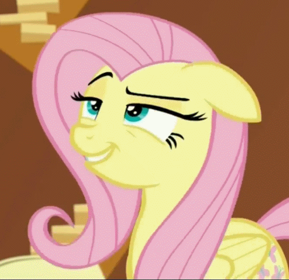 Size: 566x550 | Tagged: safe, screencap, character:fluttershy, species:pony, episode:dungeons & discords, animated, cropped, cute, dreamworks face, floppy ears, gif, invisible stallion, lidded eyes, loop, shyabetes, smiling, smirk, smug, smugshy