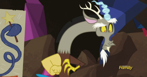 Size: 500x263 | Tagged: safe, screencap, character:discord, episode:dungeons & discords, animated, gif, shocked, solo