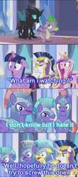 Size: 792x1801 | Tagged: safe, screencap, character:princess cadance, character:shining armor, character:spike, character:thorax, character:twilight sparkle, character:twilight sparkle (alicorn), species:alicorn, species:changeling, species:pony, episode:the times they are a changeling, g4, my little pony: friendship is magic, android 16, dragon ball z, dragonball z abridged, future trunks, krillin, screencap comic, vegeta