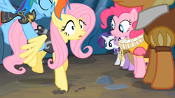 Size: 1276x719 | Tagged: safe, screencap, character:applejack, character:clover the clever, character:fluttershy, character:pinkie pie, character:rainbow dash, character:rarity, character:twilight sparkle, species:earth pony, species:pegasus, species:pony, species:unicorn, episode:hearth's warming eve, g4, my little pony: friendship is magic, cave, chancellor puddinghead, commander hurricane, female, holding a pony, hub logo, mane six, mare, out of context, personal space invasion, princess platinum, private pansy, smart cookie, surprised, wide eyes