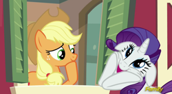 Size: 1220x670 | Tagged: safe, screencap, character:applejack, character:rarity, species:pony, episode:applejack's day off, discovery family logo, smiling, squee