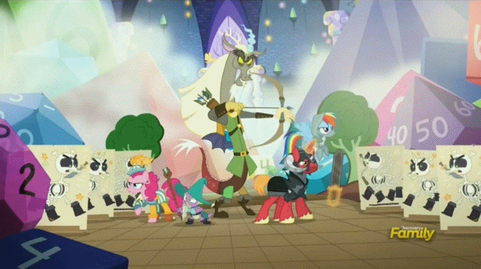 Size: 702x392 | Tagged: safe, screencap, character:big mcintosh, character:discord, character:pinkie pie, character:rainbow dash, character:spike, species:pony, species:unicorn, episode:dungeons & discords, animated, archer, bard, bard pie, captain wuzz, dice, discovery family logo, dungeons and dragons, fantasy class, garbuncle, gif, loop, mage, ogres and oubliettes, parsnip, pose as a team, race swap, rainbow rogue, rogue, sir mcbiggen, skeleton, skeleton pony, slow motion, staff, sword, unicorn big mac, weapon
